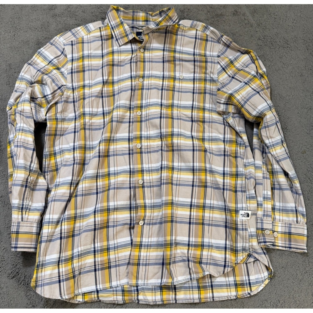 North Face Shirt Mens XL Yellow Tan Blue Plaid Button Front Long Sleeve